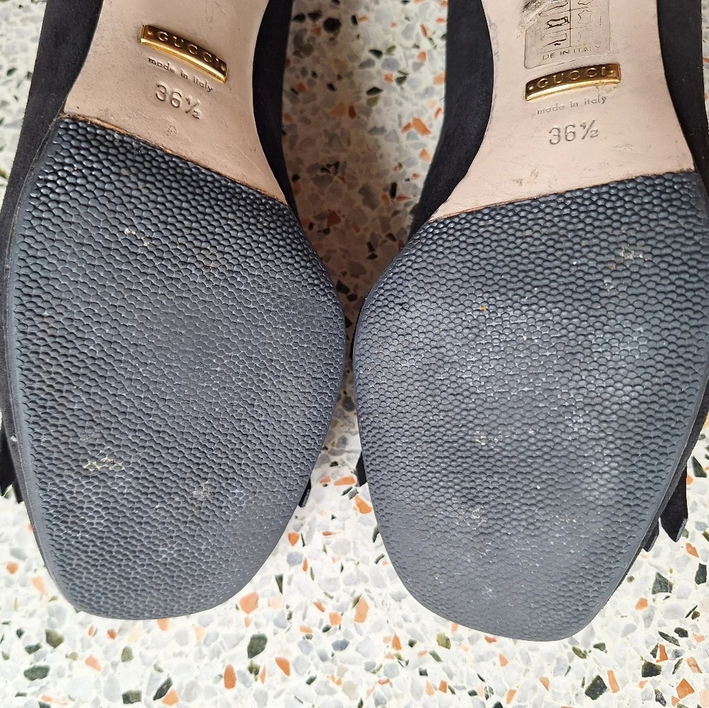 Gucci Marmont Suede Fringe GG Logo‎ Loafer Pumps - Picture 15 of 17